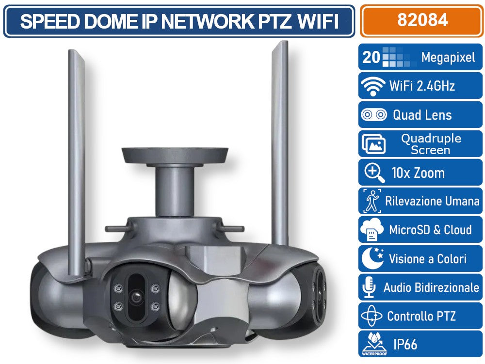 CÁMARA WIFI PARA EXTERIORES 10K DE 20 MP CON 4 LENTES: VISUALIZACIÓN EN 4 PANTALLAS, PTZ Y AUDIO BIDIRECCIONAL