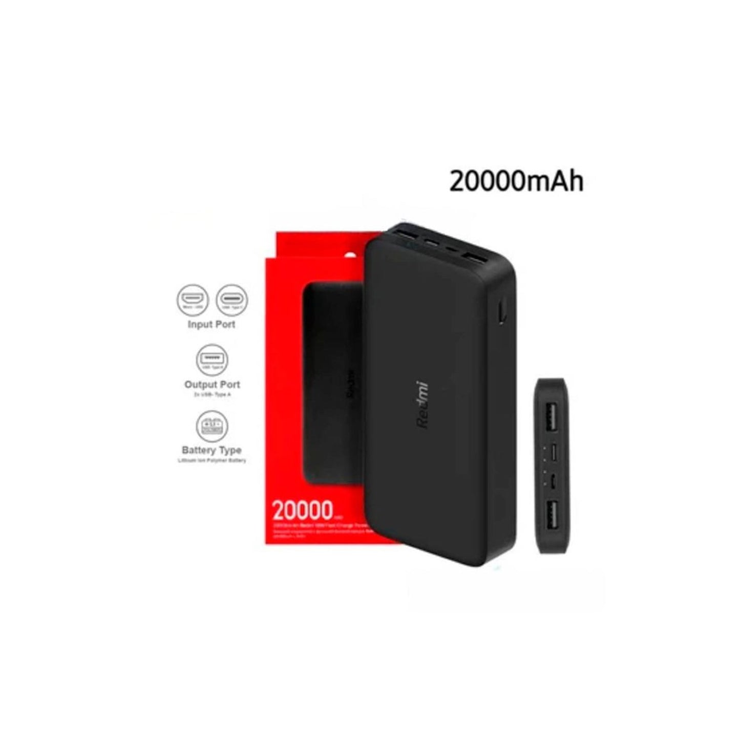 CARGADOR PORTATIL XIAOMI POWER BANK REDMI 20000MAH FAST CHARGER NEGRO